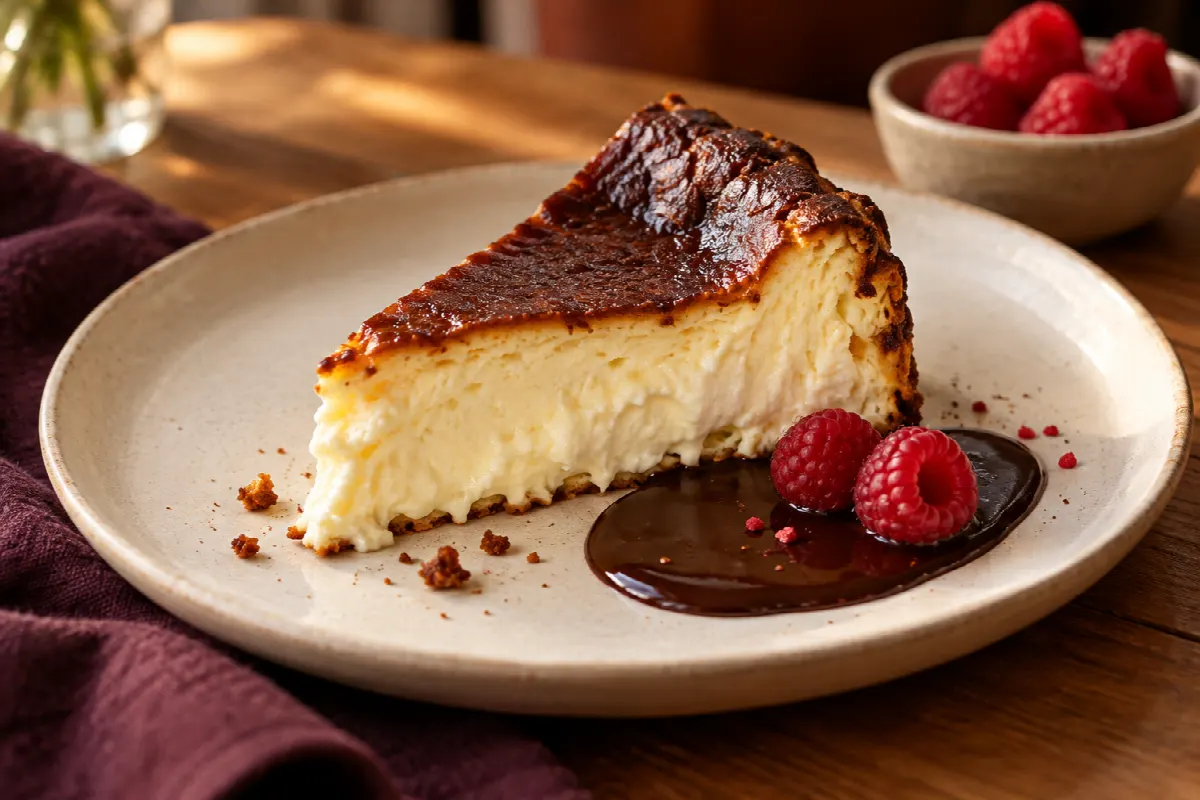 Çikolata sosu ve ahududuyla San Sebastian cheesecake