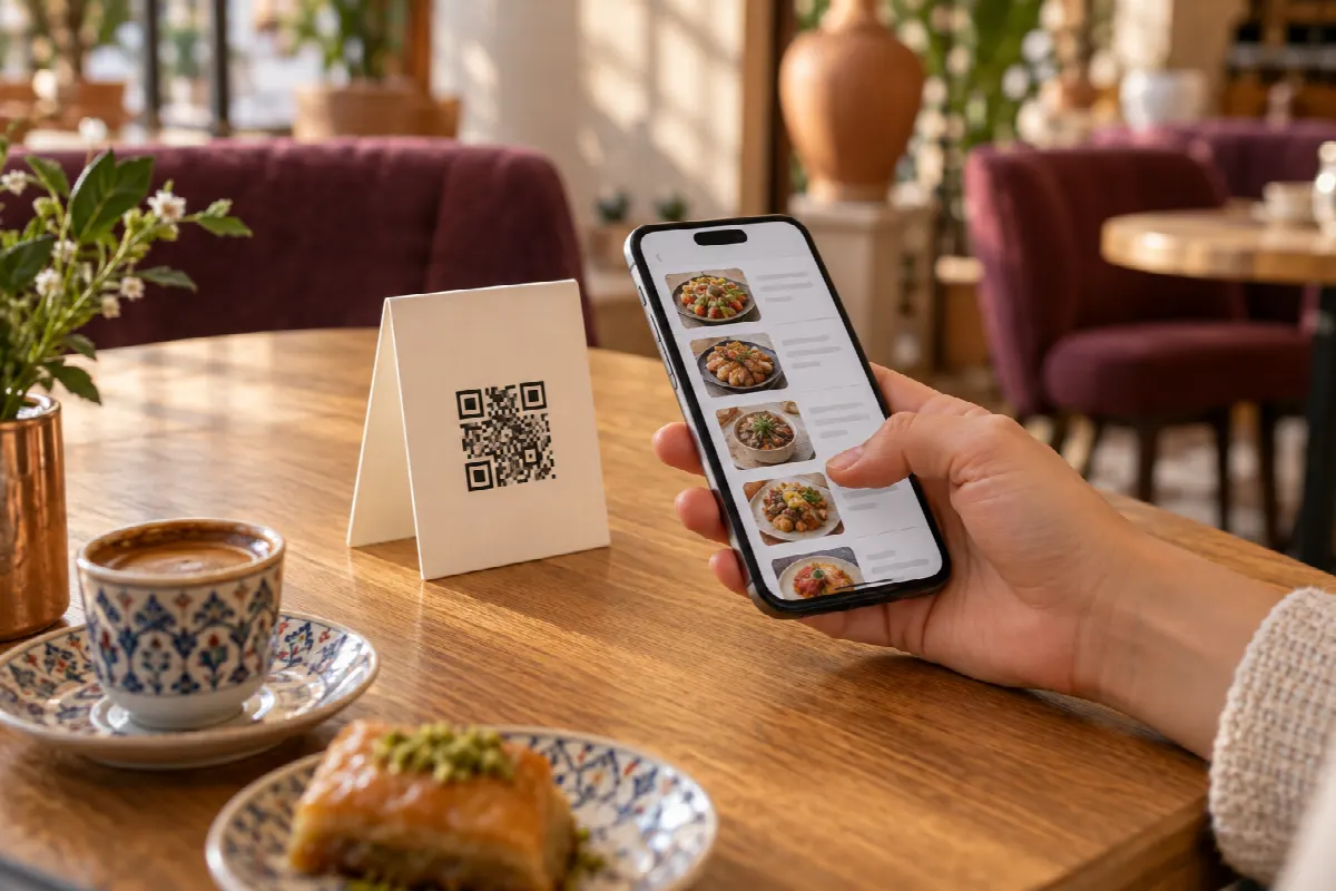 Kafe masasında telefondan QR menüye bakan misafir