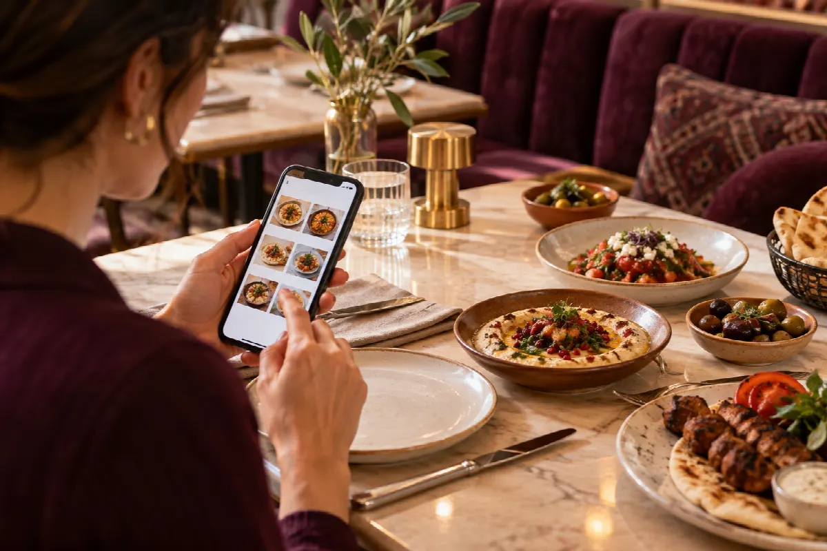 Kafe masasında QR menüyü telefonda inceleyen misafir